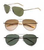 The sporty classic with lightweight metal frames and double-bridge detail. Available in gold frames with mineral glass green lenses or silver frames with mineral glass grey lenses. 100% UV protective Imported 