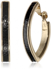 Anne Klein Dalton Black Gold-Tone Black Leather Clip-On Hoop Earrings