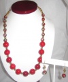 23 Long Red Fossil Stone and Cloisonne Necklace with Matching Earring