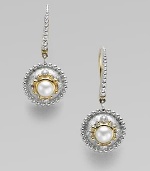 Lustrous pearl, dazzled by diamonds and accented by gold and silver balls.Diamonds, 0.06 tcw White freshwater pearls 18K yellow gold Sterling silver Pierced Imported