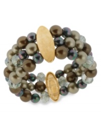 Quite a stretch. Kenneth Cole New York's stretch bracelet is crafted from gold-tone mixed metal with oval accents, as well as rows of green glass pearls and beads for a stunning statement. Item comes packaged in a signature Kenneth Cole New York Gift Box. Approximate length: 7-1/2 inches. Approximate width: 1-1/5 inches.