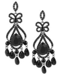 Take it black. This pair of teardrop chandelier earrings from Haskell is crafted from hematite-tone mixed metal with black glass crystal accents and beads creating a look that's both dark and daring. Approximate drop: 3-1/2 inches.