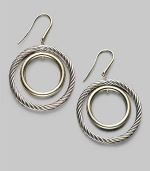 From the Thoroughbred Collection. Gracefully graduated circles, one of cabled sterling silver, one of 18k gold. Sterling silver and 18k yellow gold Drop, about 1½ Diameter, about 1 Ear wire