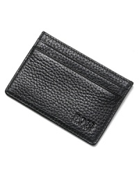 Soft, pebbled leather card case. Signature logo stamped on front.