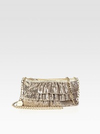 Metallic leather trim ruffled sequins bag with a sleek chain strap is an evening essential. Chain shoulder strap, 25 dropTop zip closureCotton lining7¾W X 5½H X 1¾DMade in Italy