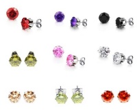 Fashion Shiny Round Cut 6mm Cubic Zirconia Titanium Stainless Steel Mens Ladies Stud Earrings Multi-color Selectable