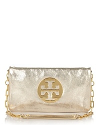 Tory Burch's iconic Reva clutch in luxurious metallic leather.