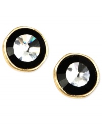 Black and gold create a beautiful background for a shimmering crystal bead on Jones New York's button earrings. Clip-on backing for non-pierced ears. Crafted in worn gold tone mixed metal. Approximate diameter: 1 inch.