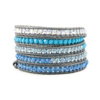 Chan Luu Light Blue Crystal Mix Wrap Bracelet on Grey Leather