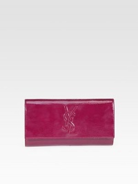 A simply elegant clutch in textured patent leather, stitched with the Yves Saint Laurent insignia. Magnetic snap flap closure One inside open pocket Satin lining 10¾W X 6½H X 1¼D Made in Italy 