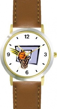 Basketball, Hoop, Backboard, Swish Basketball Theme - WATCHBUDDY® DELUXE TWO-TONE THEME WATCH - Arabic Numbers - Brown Leather Strap-Size-Large ( Men's Size or Jumbo Women's Size )