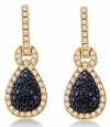 14K Yellow Gold Large Micro Pave Set Round White and Black Diamond Pear Shape Dangle Earrings - (1.80 cttw)