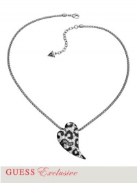 GUESS Silver-Tone Leopard-Print Heart Necklace, SILVER