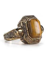 If goddess glamor got a modern update, the result would look a lot like this. This House of Harlow 1960 cocktail ring, works a vintage inspired vibe with engraved plated metal and a bold Tiger's Eye stone.