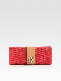 A bright and unique style in woven lacquered rattan and luxurious leather.Turn-lock strap closureOne inside open pocketCotton lining10W X 4H X 2½DImported