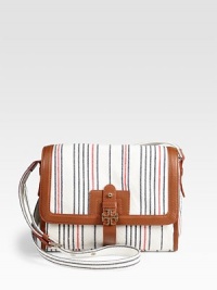 Bright vertical stripes adorn this soft nautical-inspired design, trimmed in ultra-rich contrasting leather. Adjustable shoulder strap, 17-20½ dropLeather flap top closureOne outside open pocketOne inside zip pocketTwo inside open pocketsLogo-printed canvas lining10¼W X 8½H X 3DImported