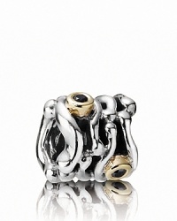 A swirling sterling silver PANDORA charm houses dramatic 14K gold bezel-set black diamonds.