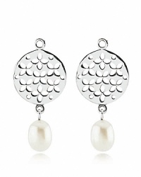 Customize your PANDORA earrings with white pearl and sterling silver disk drop charms.