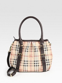 The signature check defines this structured canvas design, finished with ultra-rich leather trim. Double leather top handles, 8 dropAdjustable detachable leather shoulder strap, 19½-21 dropSnap top closureOne zipper compartmentOne inside zip pocketTwo inside open pocketsCotton and leather lining14½W X 14H X 4DMade in Italy