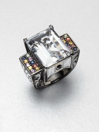 A beautiful Art Deco-inspired design with a center white topaz stone accented with multi-colored sapphire stones and glossy enamel set in an intricate rhodium-plated sterling silver shank. White topazMulti-colored sapphiresEnamelRhodium-plated sterling silverImported 