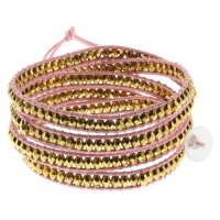 36 Cross Cut Golden Beads On Pink Leather Wrap Bracelet With White Button