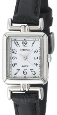 Carriage Women's C2A901 Silver-Tone Rectangular Case Black Leather Strap Watch