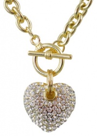 Designer Inspired BLING Crystal Embellished Puff Heart Toggle 17 Chain Necklace - Gold Plated