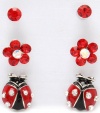 Precious Crystal Accented Small 1/2 Red and Black Enamel Ladybug, Red Flower and Red Stud Earrings Trio Set