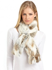 THE LOOKLush pieced rabbit furPull-through slit for easy on and offLuxe wool/cashmere liningTHE FIT5W X 46LTHE MATERIALNatural rabbit furWool/cashmere liningCARE & ORIGINDry clean by fur specialistImportedFur origin: China