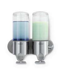 simplehuman cuts back shower clutter with this twin shampoo and soap dispenser. T-bar levers give you complete control over the amount of soap dispensed while clear storage chambers help you keep tabs on how much is left.