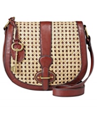 Reminiscent of the classic girl-meets-boy look, this Vintage Re-Issue from Fossil was inspired by Italian bags from the 70s. The contrast of buttery soft leather and natural bamboo caning, accented with brass-tone hardware and detachable key, complete the look with charm and grace.