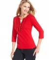 Ruffles and rhinestones give Karen Scott's petite top a glamorous update. Wear it to jazz up your favorite jeans!