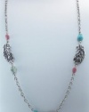 Lucky Brand Jewelry Peacock Feather Turquoise & Silver Necklace Bohemian Tribal Style 26 Long