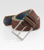 Printed interior adds a pop of color to this smooth suede belt with contrasting stitch detail.SuedeAbout 1½ wideImported