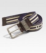 A striped classic with leather trim and burnished metal buckle.65% acrylic/30%polyproylene/5% polyethyleneAbout 1 wideMade in Italy