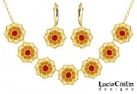 24K Gold Plated over .925 Sterling Silver Necklace and Earrings Set by Lucia Costin Garnished with Red, Yellow Swarovski Crystals and Multi Petal Flowers Surrounded by Dots; Handmade in USA