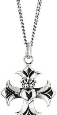 King Baby 18 Curb Link Chain with Gothic Cross with Crowned Heart Sterling Silver Pendant Necklace