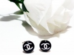 Angel Stars Inspired Silver Plated Round Black Double C CC Stud Earrings