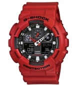 Toughen up with this do-everything timepiece encased in durable armor from G-Shock. Crafted of red resin strap and round case. Black shock-resistant, analog-digital dial features luminous stick indices and hands, auto LED light, world time, daily alarm and one snooze, stopwatch, countdown timer, speed indicator and 12/24-hour formats. Quartz movement. Water resistant to 200 meters. One-year limited warranty.