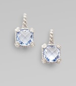 From the Linen Collection. A small cushion-cut blue quartz shimmers in a sterling silver setting, accented by white sapphires.Blue quartzWhite sapphireSterling silverLength, about ¾Ear wireImported