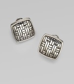 From the Bedeg Collection. Polished squares of sterling silver in a basketwoven design.Sterling silver Width, about ¾ Post and omega clip backs Made in Bali 