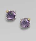 From the Linen Collection. A small cushion-cut amethyst stone shimmers in a sterling silver and 18K gold setting.Amethyst 18K gold Sterling silver Width, about ¼ Post backs Imported 