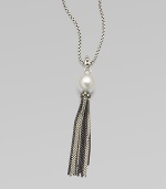 From the Midnight Pearl Collection. An elegant design featuring a lustrous white pearl with diamond accents and a two-tone, sterling silver box chain tassel. About 15-16MM white South Sea pearlDiamonds, .32 tcwSterling silver and blackened sterling silverLength, about 32Lobster clasp closureImported 