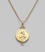 This gracefully embossed angel of 18k gold with granulated details evokes a Renaissance painting, as it dangles from your favorite chain. 18k yellow gold Diameter, about ¾ Spring clip clasp Imported Please note: Necklace sold separately.