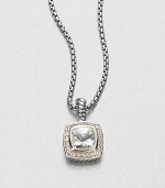 From the Petite Albion Collection. A beautifully faceted square white topaz surrounded in dazzling diamond set in sterling silver on a box link chain. White topazDiamonds, .18 tcwSterling silverLength, about 17Pendant size, about .25Lobster clasp closureImported 