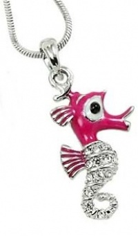 Adorable Whimsical Small Dark Pink and Crystal Seahorse Pendant and Necklace