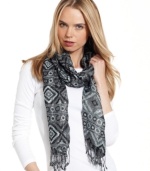 Take a shine to everyday accessorizing with this shimmery metallic scarf from Cejon, featuring a gorgeous geometric pattern and flirty fringe.