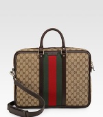 GG fabric briefcase with signature web detail. Double zip top closure with lock Double handles Adjustable, detachable shoulder strap Red/green/red signature web Light gold hardware Interior zip, cell phone and PDA pockets Padded laptop compartment with tab snap 2.4W X 12.2H X 16.5L Made in Italy 