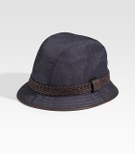 Denim fedora with braided leather trim. Embossed script logo Made in Italy 