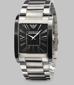 A modern classic designed with subtle Roman numeral markers and a sophisticated, stainless steel square bezel. Square bezel Quartz movement Water resistant to 3 ATM Stainless steel case: 36mm X 34.5mm (1.36) Stainless steel bracelet: 28mm (1.10) Imported 